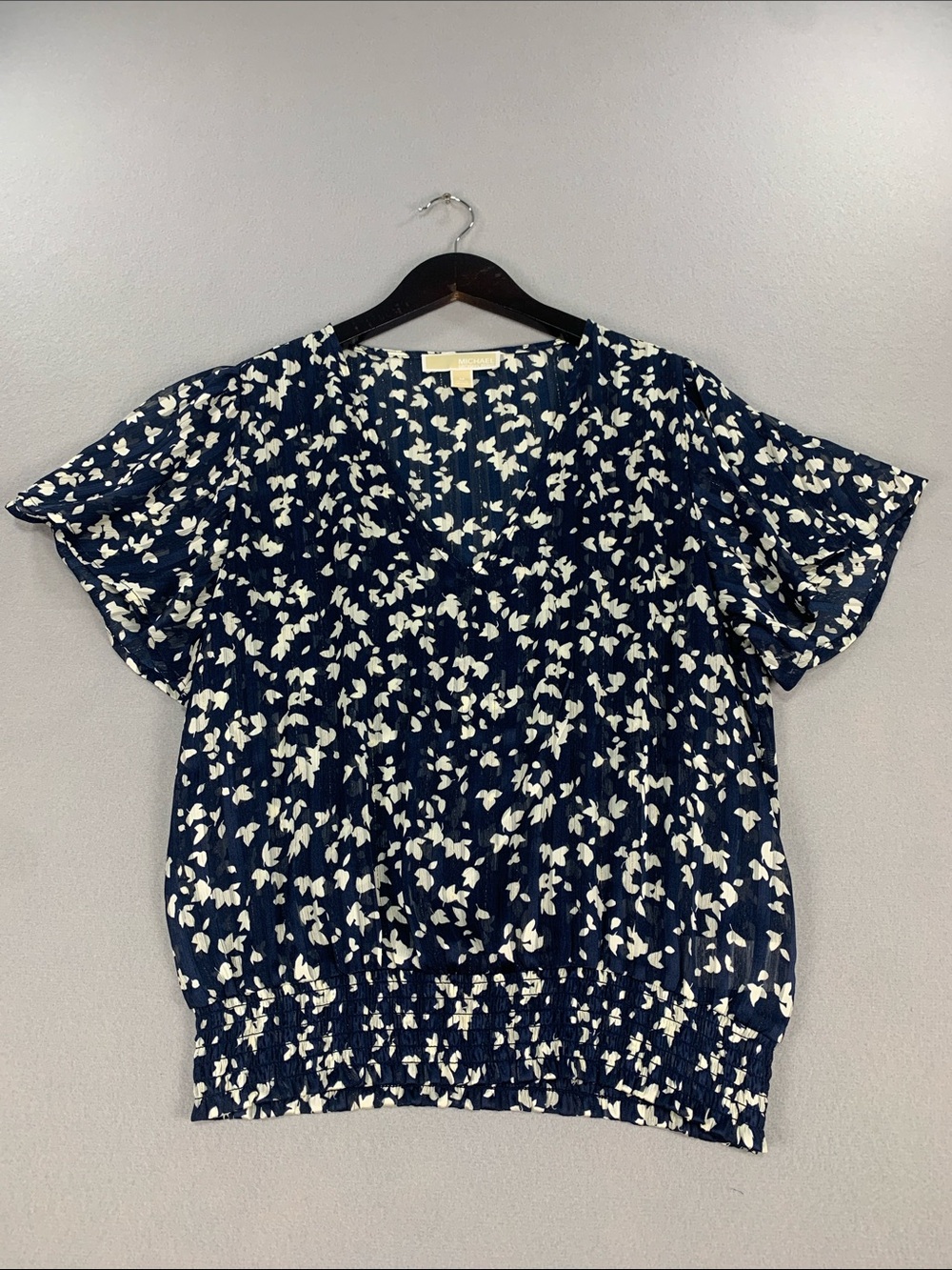 Michael Kors Navy and White Floral V-Neck Smocked-Hem Blouse